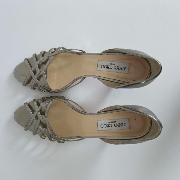 JIMMY CHOO PEWTER SILVER SANDALS KITTEN HEELS OPEN TOE METALLIC VINTAGE FORMAL - Picture 7 of 10
